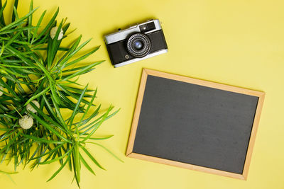 Black board with green leaves and camera over the yellow background.