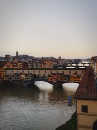 Buildings by river against clear sky in city