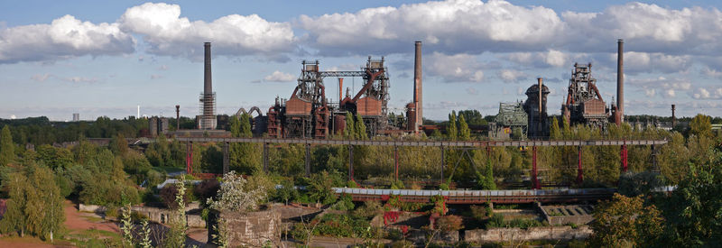 Panoramic view of factory against cloudy sky