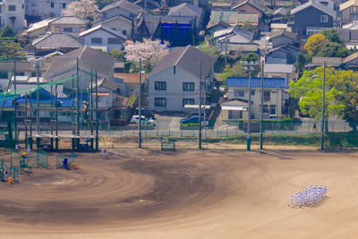 High angle view of people on road