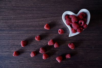 High angle view of strawberries on table