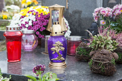 Close-up of various flowers on table