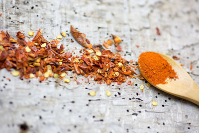 Close-up of paprika on wooden table