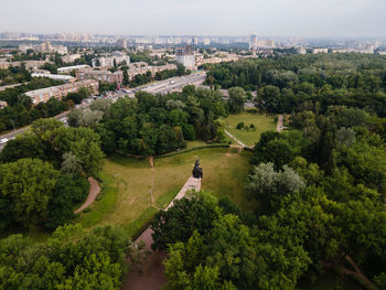 High angle view of trees and buildings in city