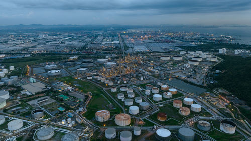 High angle view of city buildings against sky