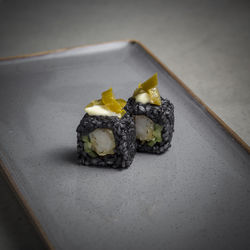 High angle view of sushi in plate on table