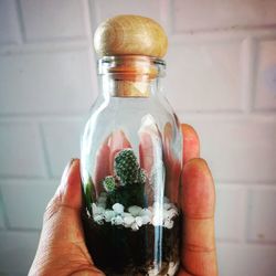 Close-up of hand holding glass bottle