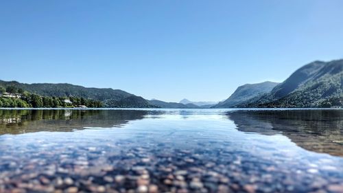 Scenic view of lake against clear blue sky