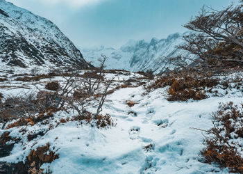 Scenic view of snow covered mountains against sky