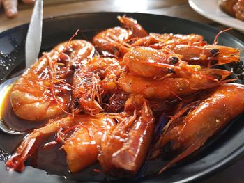 High angle view of meat in cooking pan