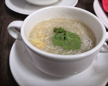 Close-up of soup in bowl on table