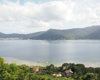 Scenic view of lake and mountains against sky