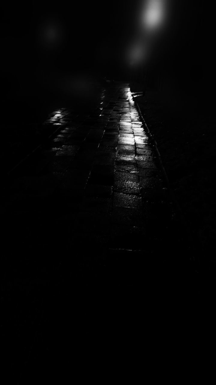 night, the way forward, illuminated, dark, transportation, diminishing perspective, vanishing point, road, road marking, no people, empty, surface level, light - natural phenomenon, street, outdoors, high angle view, asphalt, long, absence