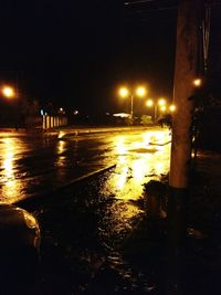 Wet road in city at night