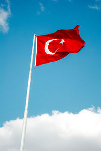 Low angle view of turkish flag against sky