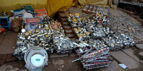 High angle view of kitchen utensils for sale at market