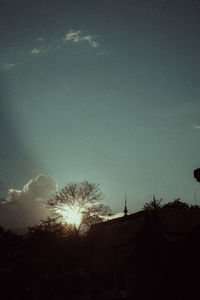 Low angle view of silhouette trees and buildings against sky