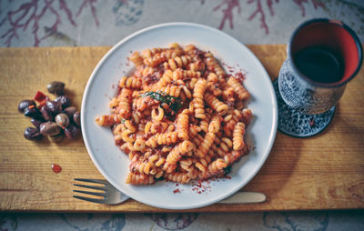 High angle view of breakfast served on table