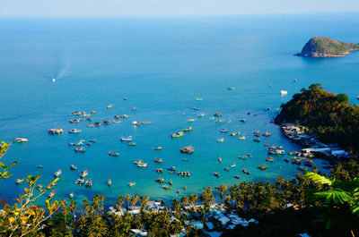High angle view of fishing boats on sea at nam du island