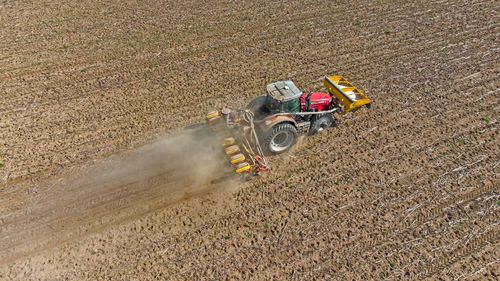 High angle view of tractor on field