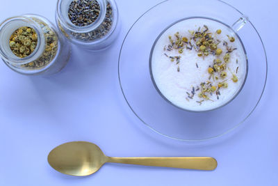 High angle view of breakfast on table