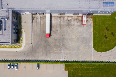 Aerial view of the distribution center, drone photography of the industrial logistic zone.