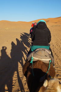 Rear view of people riding horse in desert