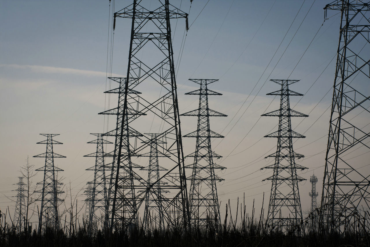 electricity, technology, fuel and power generation, electricity pylon, power supply, power line, cable, connection, sky, nature, plant, no people, low angle view, tall - high, land, built structure, day, metal, field, tree, outdoors, electrical equipment