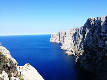 Scenic view of sea against clear blue sky