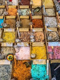 High angle view of various spices for sale at market stall