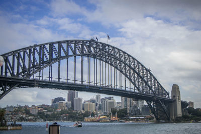 View of bridge over river against cloudy sky