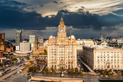 Aerial close up of the tower of the royal liver building in liverpool