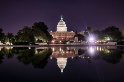 Reflection of illuminated buildings in lake at night