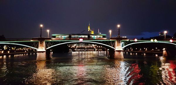 Bridge over river in city against sky at night