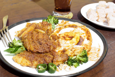 High angle view of food served on table