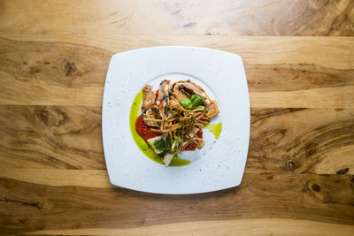 High angle view of food in plate on table