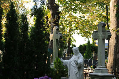 Statue against trees at cemetery