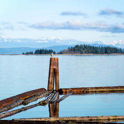 Scenic view of calm lake against snow-capped mountains