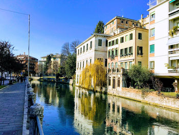 Buildings by river against sky in city