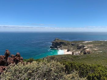 Scenic view of sea against blue sky