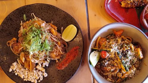 High angle view of food in plate on table