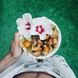 Midsection of man holding fruits in bowl