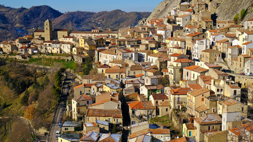 High angle view of houses in town