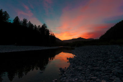 Scenic view of lake against orange sky