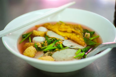 Close-up of noodles soup in bowl