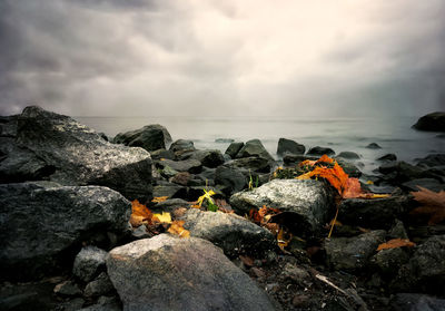 Rocks by sea against sky