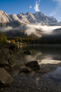 Scenic view of lake and mountains against sky