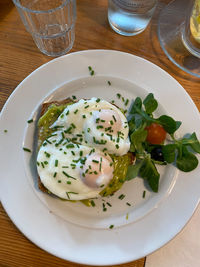 High angle view of breakfast served on table