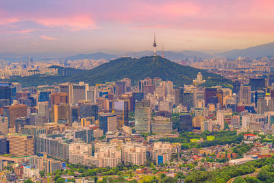 High angle view of townscape against sky during sunset