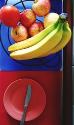 High angle view of fruits in bowl on table